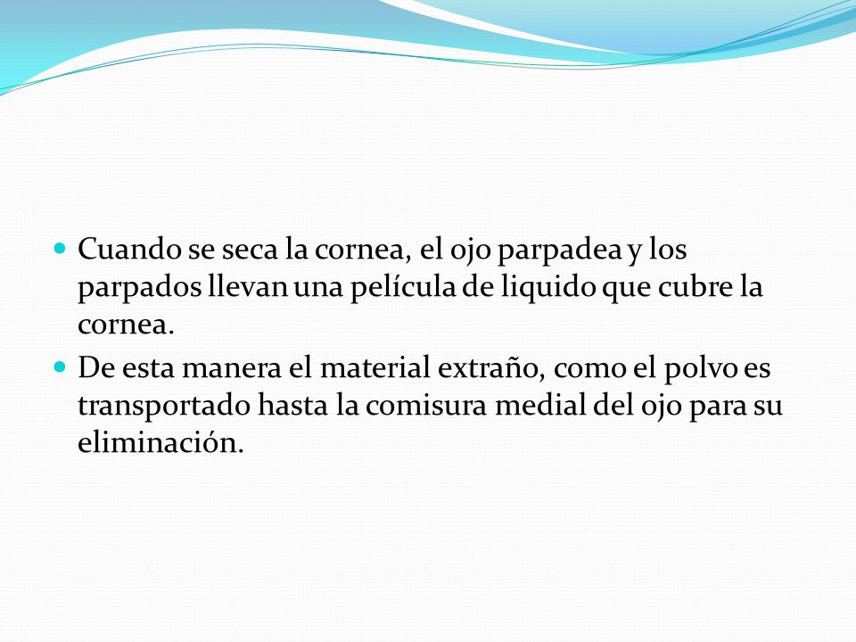 Cuando se seca la cornea, el ojo parpadea y los parpados llevan una película de liquido que cubre la cornea.