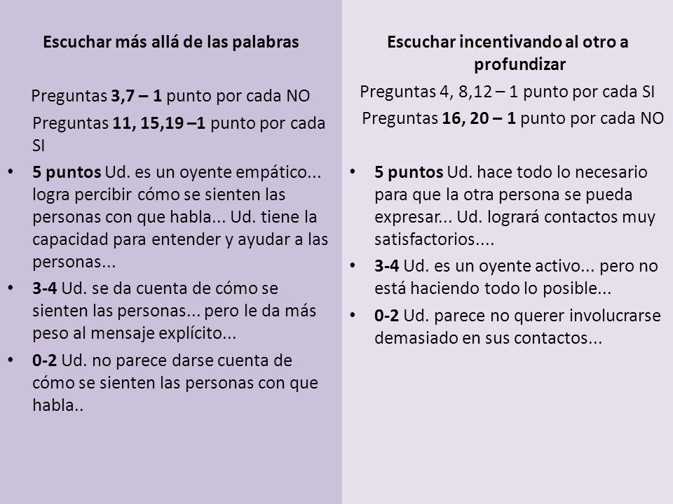 Escuchar más allá de las palabras Preguntas 3,7 – 1 punto por cada NO