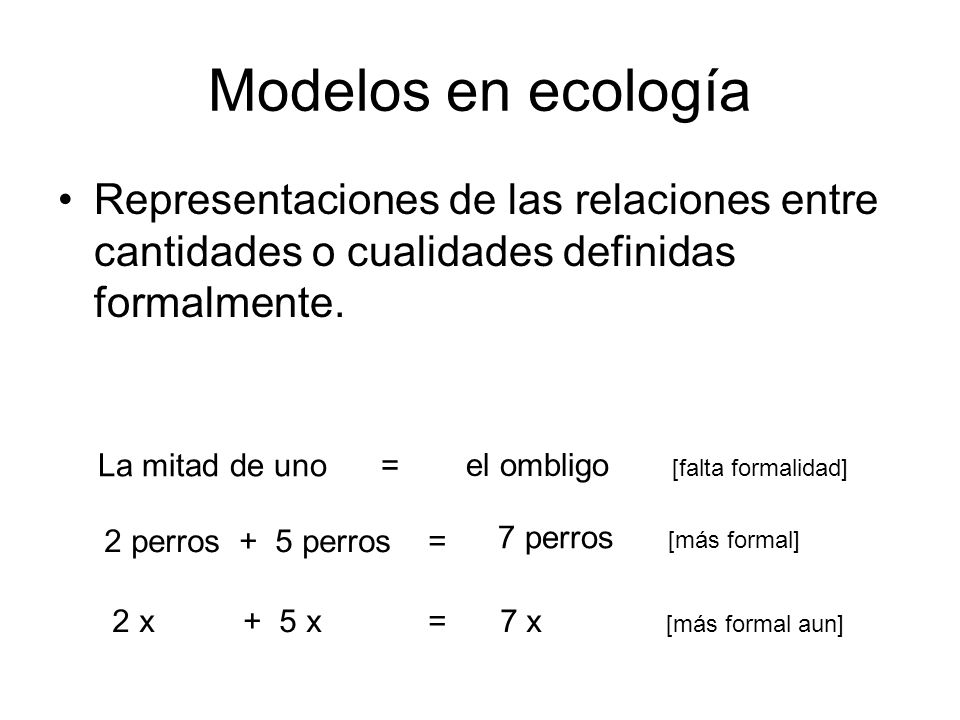 Modelos en ecología Representaciones de las relaciones entre cantidades o cualidades definidas formalmente.