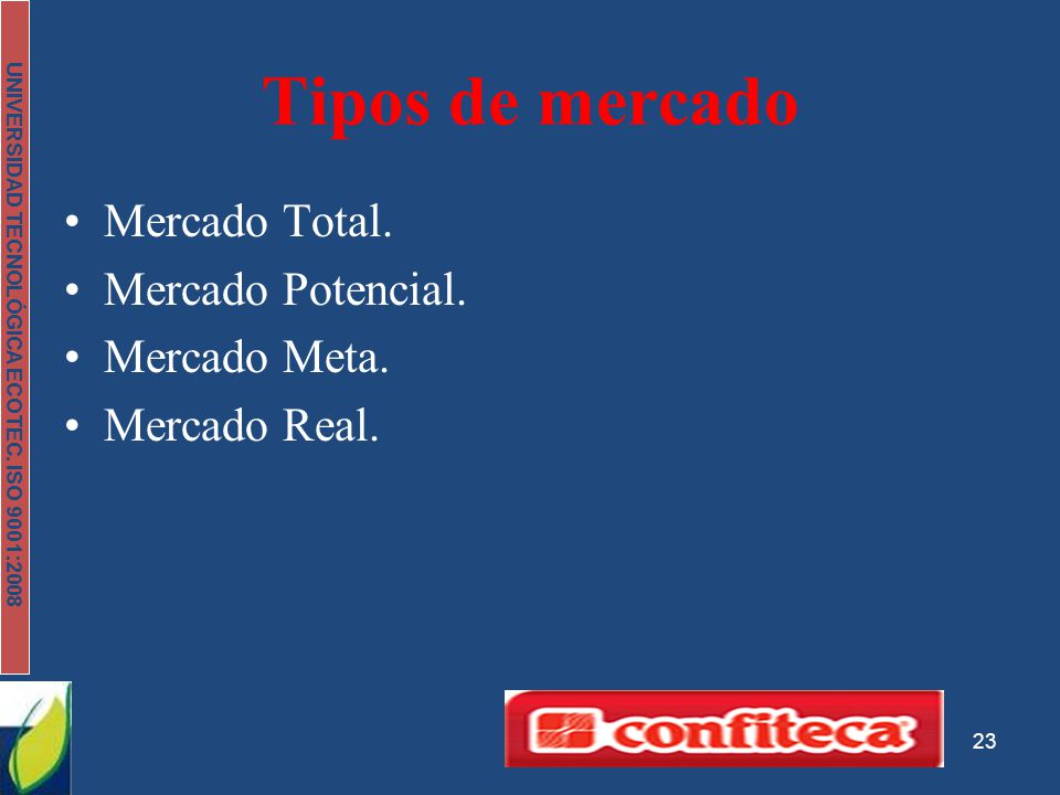Tipos de mercado Mercado Total. Mercado Potencial. Mercado Meta.
