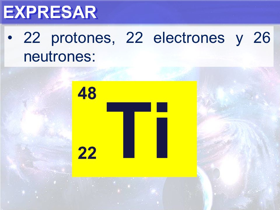 EXPRESAR 22 protones, 22 electrones y 26 neutrones: 48 Ti 22