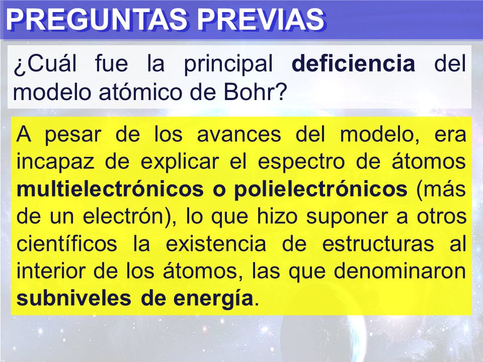PREGUNTAS PREVIAS ¿Cuál fue la principal deficiencia del modelo atómico de Bohr