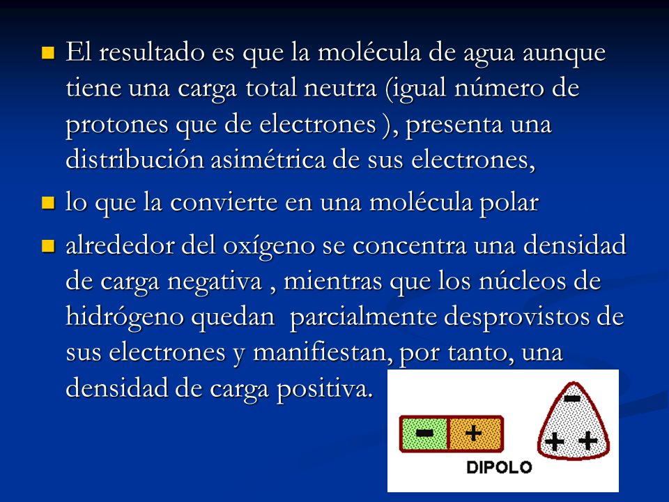 El resultado es que la molécula de agua aunque tiene una carga total neutra (igual número de protones que de electrones ), presenta una distribución asimétrica de sus electrones,