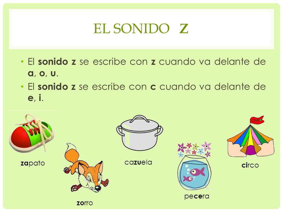 El sonido Z El sonido z se escribe con z cuando va delante de a, o, u.