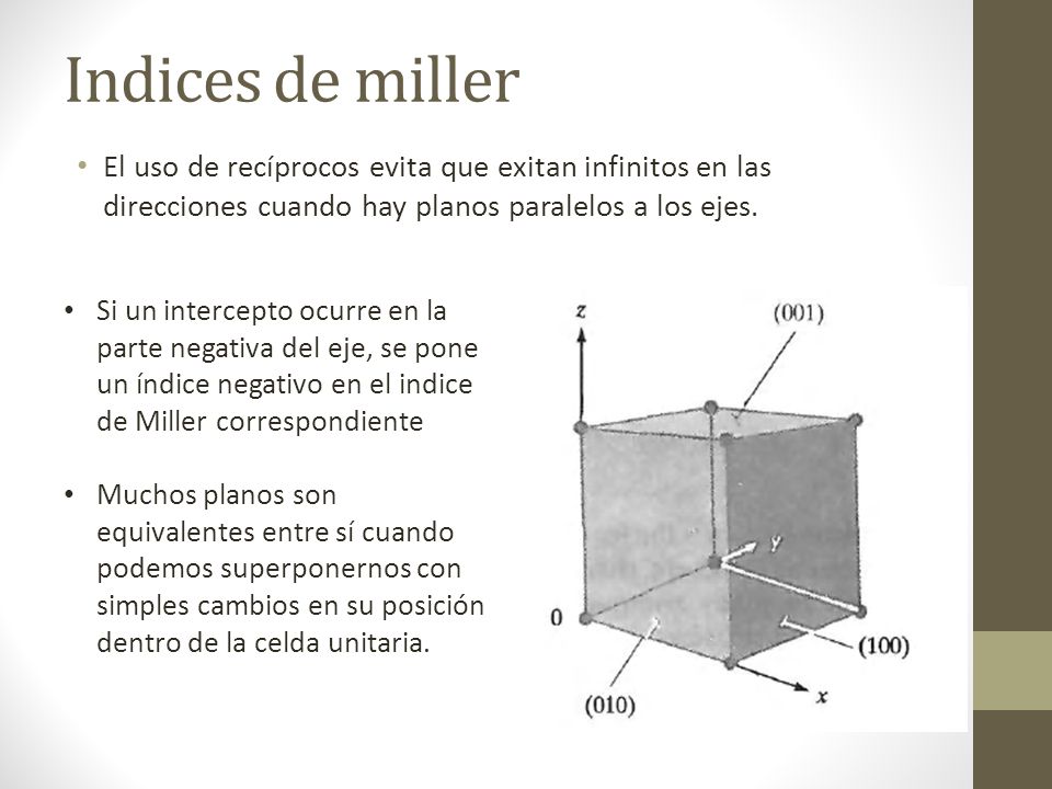Indices de miller El uso de recíprocos evita que exitan infinitos en las direcciones cuando hay planos paralelos a los ejes.