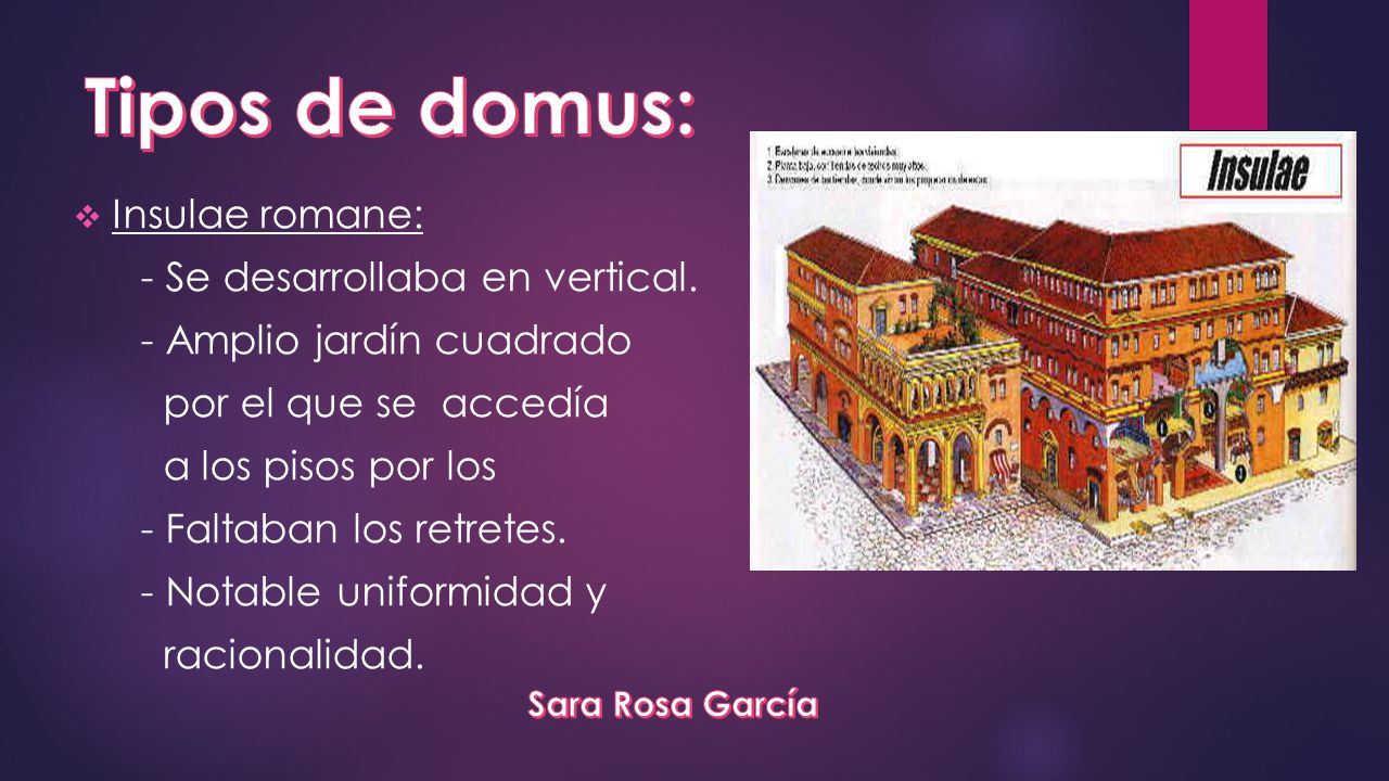 Tipos de domus: Insulae romane: - Se desarrollaba en vertical.