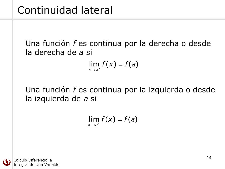 Continuidad lateral Una función f es continua por la derecha o desde