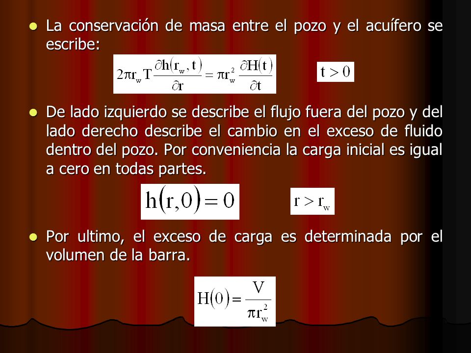 La conservación de masa entre el pozo y el acuífero se escribe: