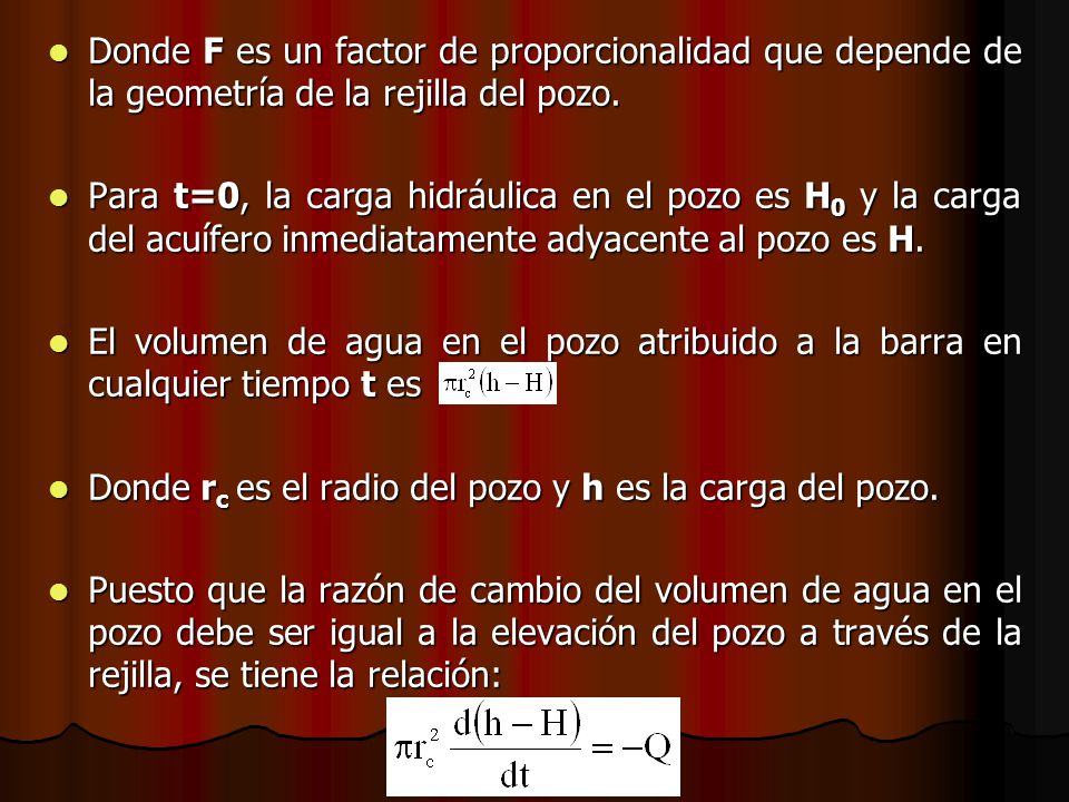 Donde F es un factor de proporcionalidad que depende de la geometría de la rejilla del pozo.
