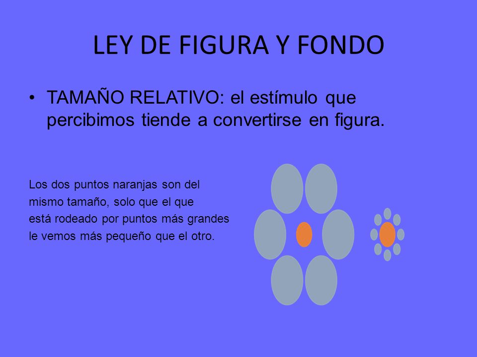 LEY DE FIGURA Y FONDO TAMAÑO RELATIVO: el estímulo que percibimos tiende a convertirse en figura. Los dos puntos naranjas son del.