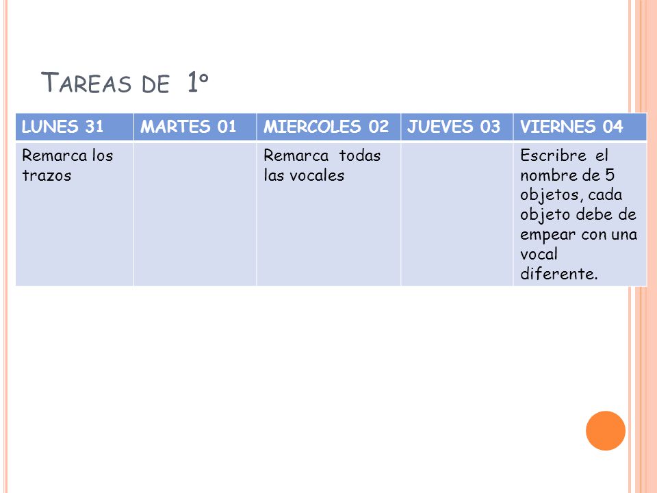 Tareas de 1º LUNES 31 MARTES 01 MIERCOLES 02 JUEVES 03 VIERNES 04