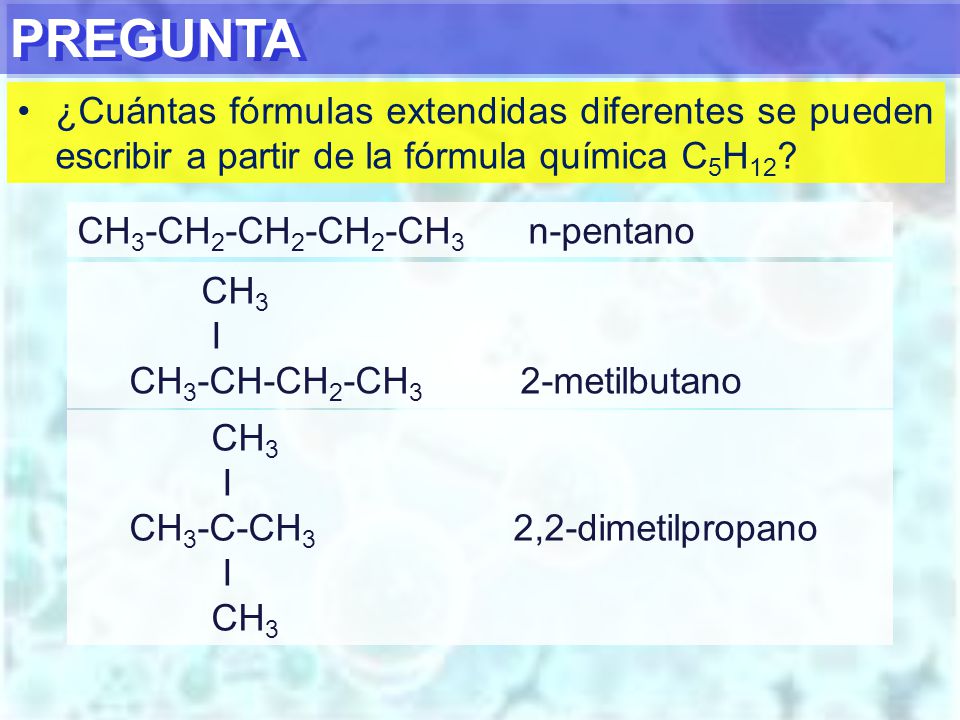 PREGUNTA ¿Cuántas fórmulas extendidas diferentes se pueden escribir a partir de la fórmula química C5H12