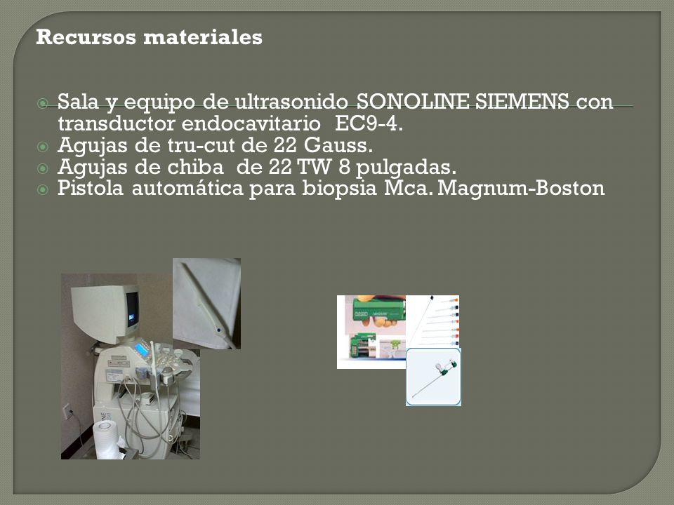 Recursos materiales Sala y equipo de ultrasonido SONOLINE SIEMENS con transductor endocavitario EC9-4.