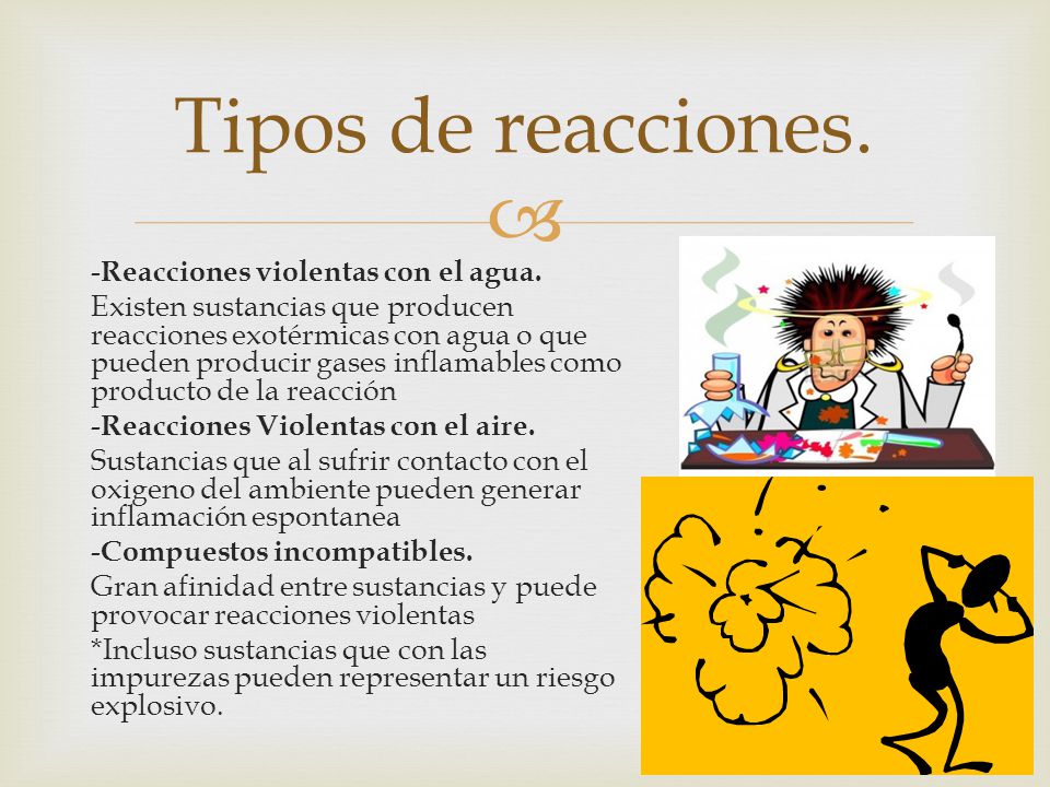 Tipos de reacciones. -Reacciones violentas con el agua.