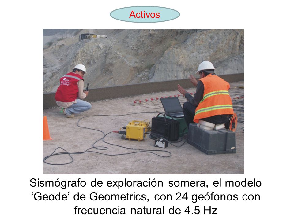 Activos Sismógrafo de exploración somera, el modelo ‘Geode’ de Geometrics, con 24 geófonos con frecuencia natural de 4.5 Hz.