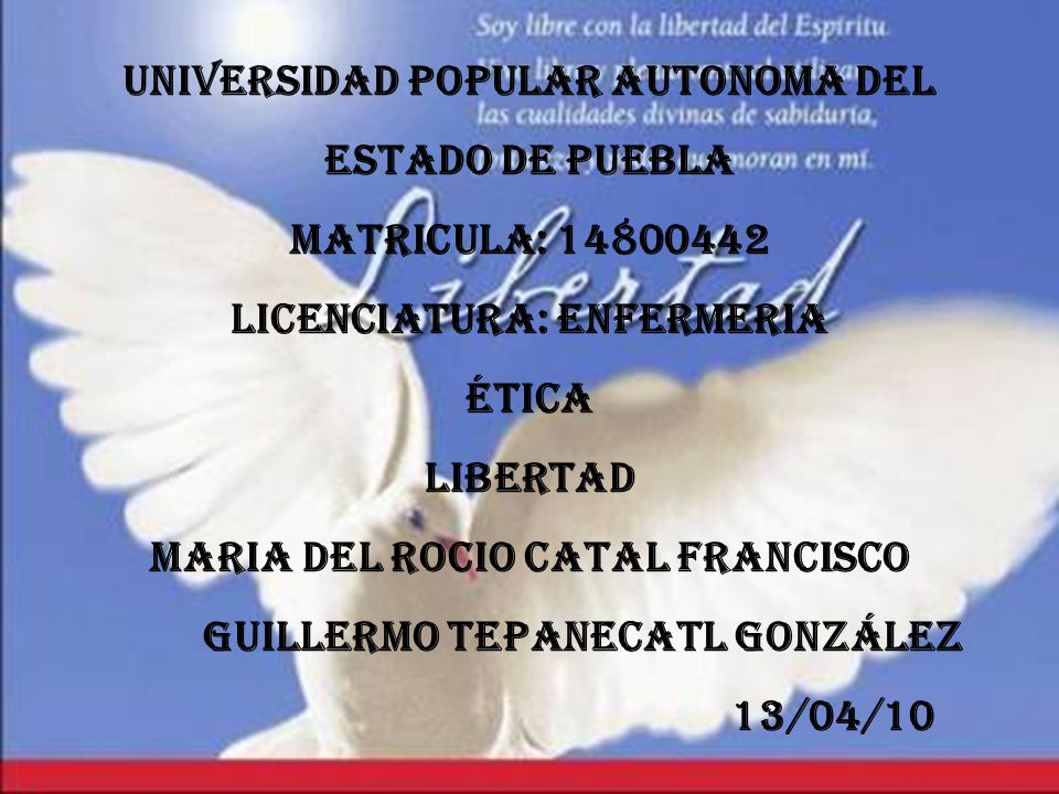 UNIVERSIDAD POPULAR AUTONOMA DEL ESTADO DE PUEBLA MATRICULA: LICENCIATURA: ENFERMERIA Ética LIBERTAD MARIA DEL ROCIO CATAL FRANCISCO GUILLERMO TEPANECATL GONZÁLEZ 13/04/10
