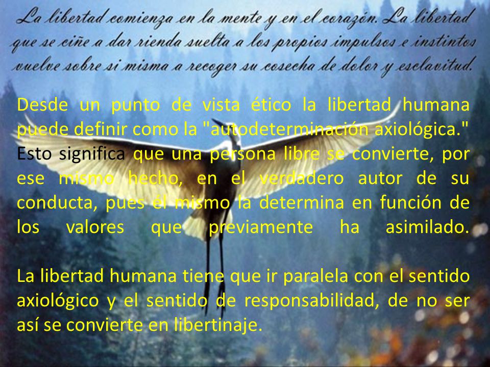 Desde un punto de vista ético la libertad humana puede definir como la autodeterminación axiológica. Esto significa que una persona libre se convierte, por ese mismo hecho, en el verdadero autor de su conducta, pues él mismo la determina en función de los valores que previamente ha asimilado.