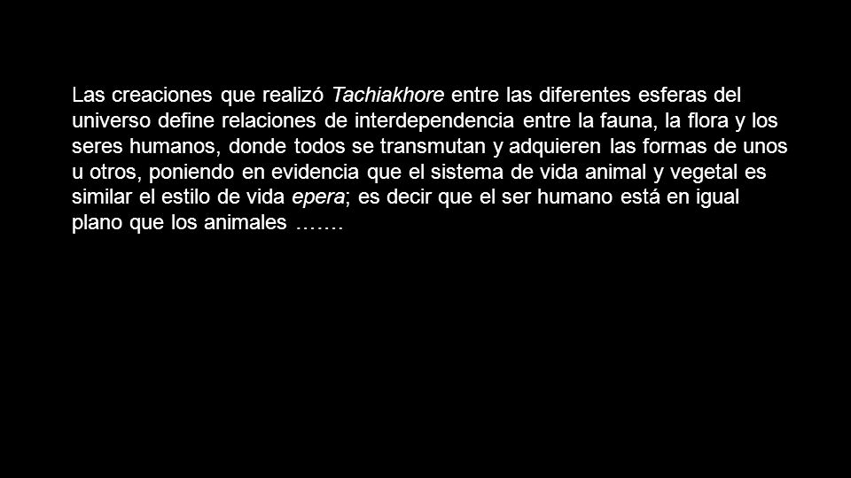 Las creaciones que realizó Tachiakhore entre las diferentes esferas del universo define relaciones de interdependencia entre la fauna, la flora y los seres humanos, donde todos se transmutan y adquieren las formas de unos u otros, poniendo en evidencia que el sistema de vida animal y vegetal es similar el estilo de vida epera; es decir que el ser humano está en igual plano que los animales …….