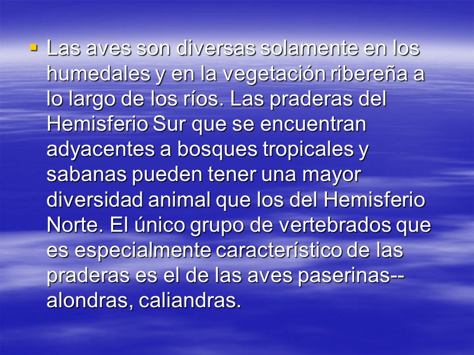 Las aves son diversas solamente en los humedales y en la vegetación ribereña a lo largo de los ríos.