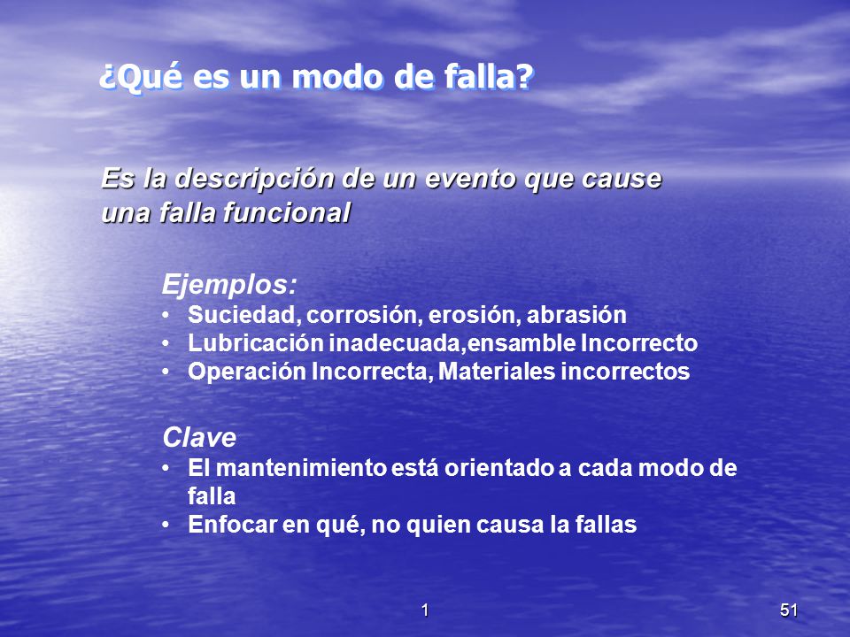 ¿Qué es un modo de falla Es la descripción de un evento que cause una falla funcional. Ejemplos: Suciedad, corrosión, erosión, abrasión.