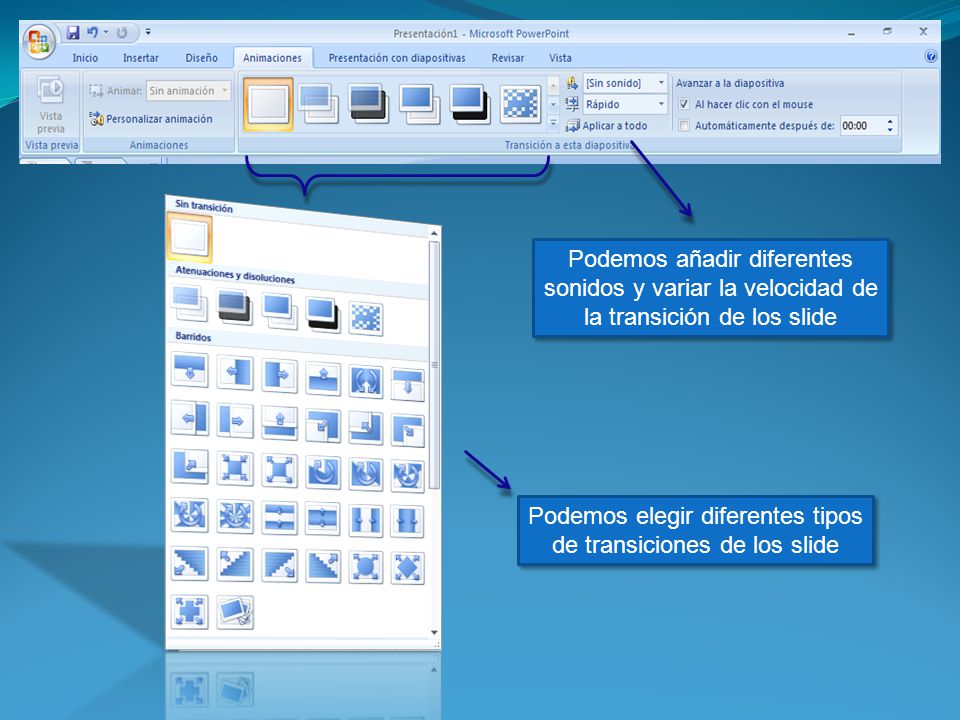 Podemos elegir diferentes tipos de transiciones de los slide