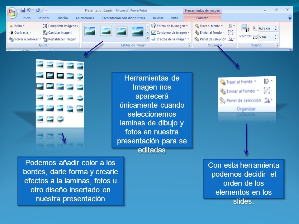 Herramientas de Imagen nos aparecerá únicamente cuando seleccionemos laminas de dibujo y fotos en nuestra presentación para se editadas