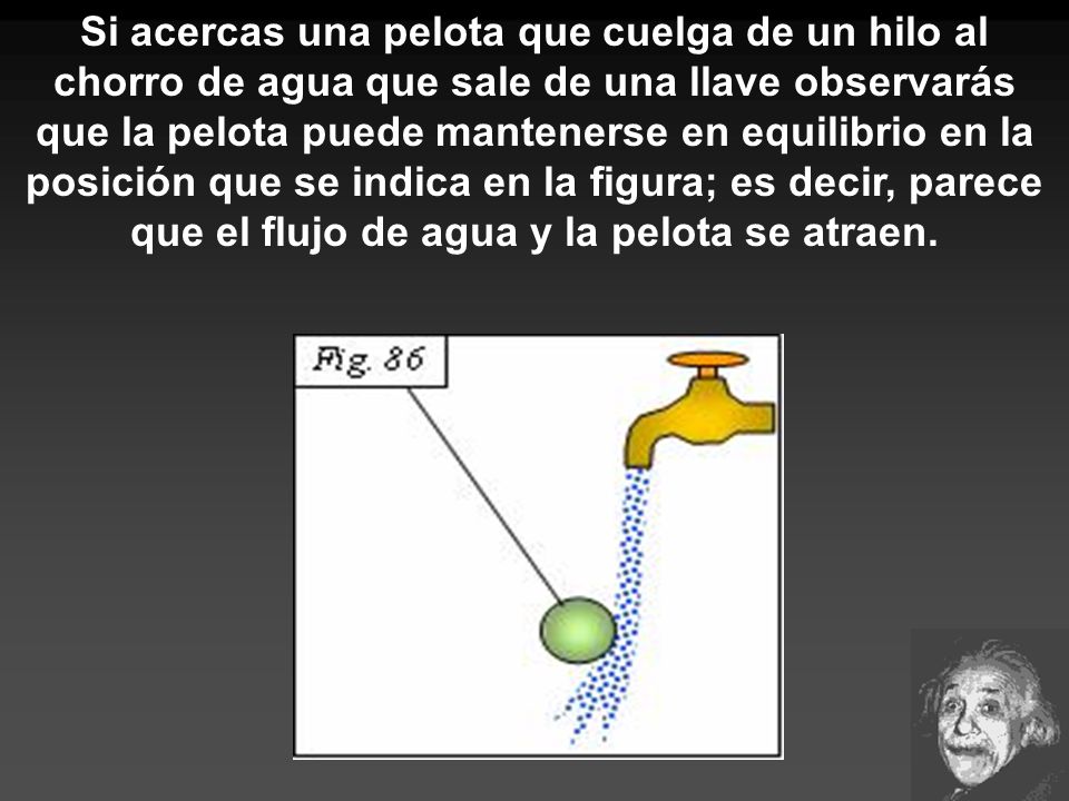 Si acercas una pelota que cuelga de un hilo al chorro de agua que sale de una llave observarás que la pelota puede mantenerse en equilibrio en la posición que se indica en la figura; es decir, parece que el flujo de agua y la pelota se atraen.