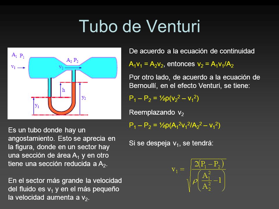 Tubo de Venturi De acuerdo a la ecuación de continuidad