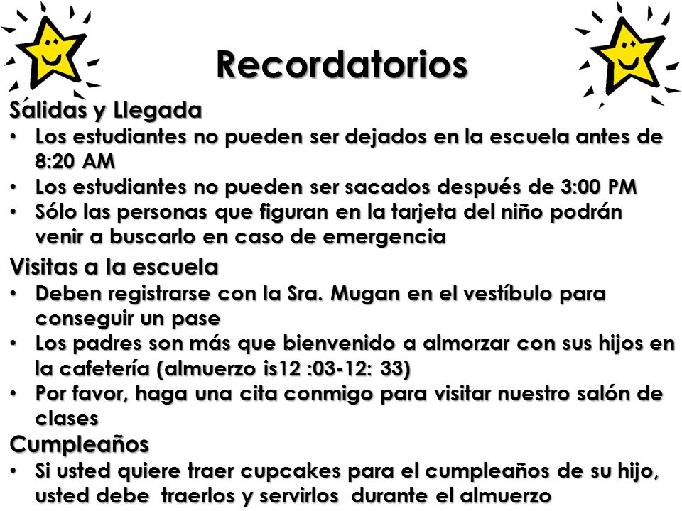 Recordatorios Salidas y Llegada Visitas a la escuela Cumpleaños