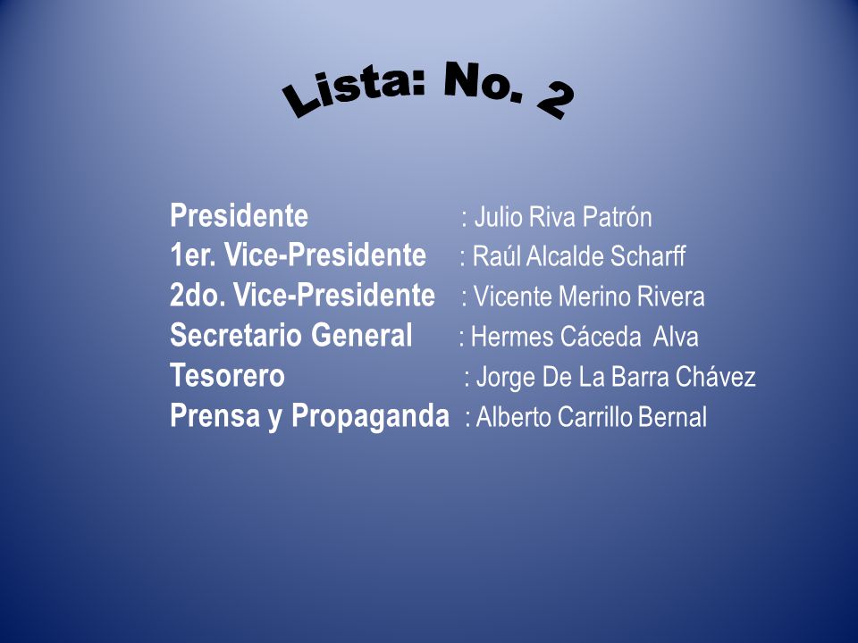 Lista: No. 2 Presidente : Julio Riva Patrón