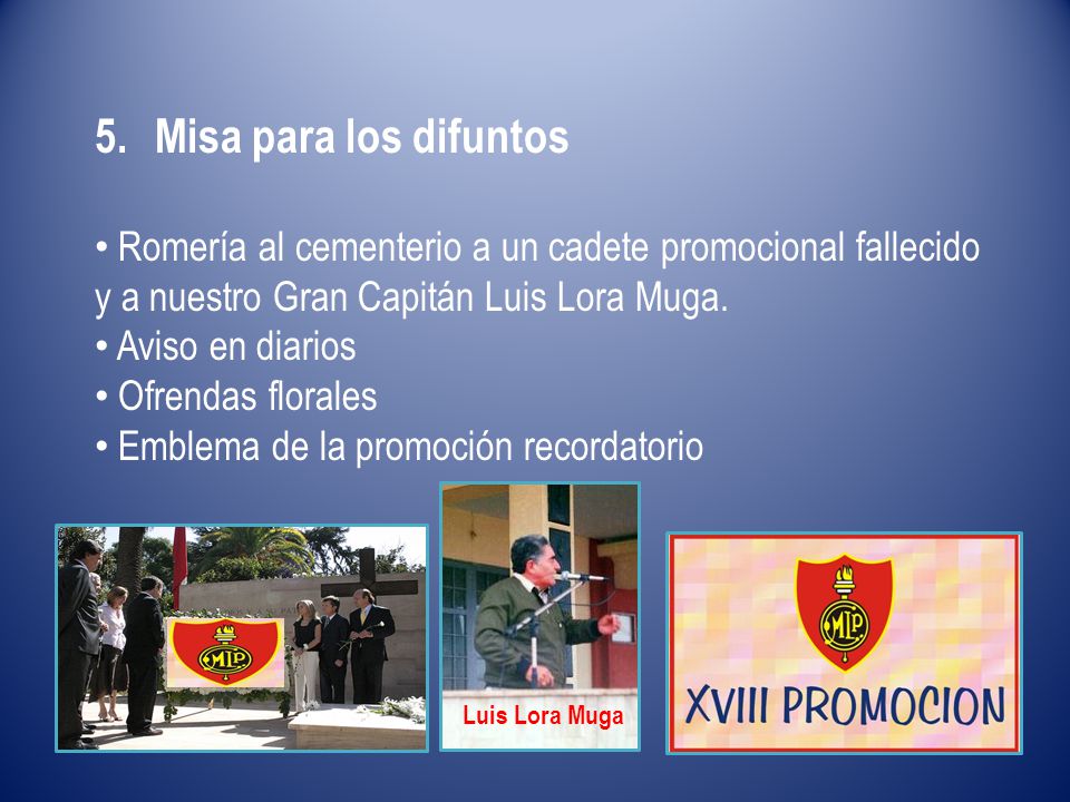 Misa para los difuntos Romería al cementerio a un cadete promocional fallecido y a nuestro Gran Capitán Luis Lora Muga.