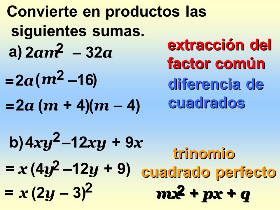 Convierte en productos las siguientes sumas.