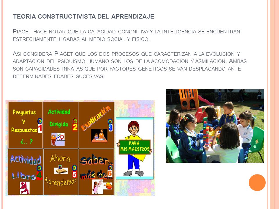 TEORIA CONSTRUCTIVISTA DEL APRENDIZAJE Piaget hace notar que la capacidad congnitiva y la inteligencia se encuentran estrechamente ligadas al medio social y fisico.