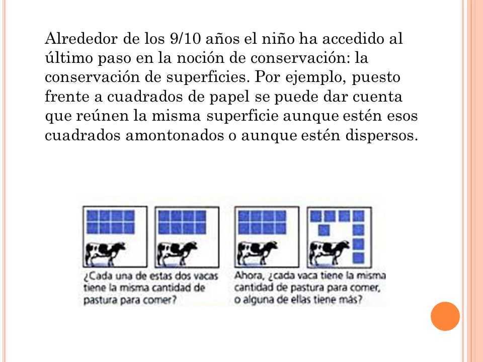Alrededor de los 9/10 años el niño ha accedido al último paso en la noción de conservación: la conservación de superficies.