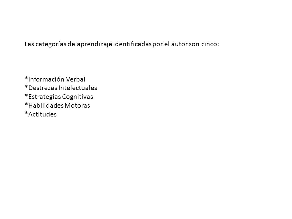 Las categorías de aprendizaje identificadas por el autor son cinco: