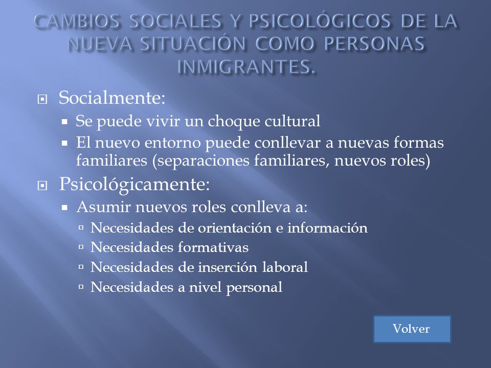 CAMBIOS SOCIALES Y PSICOLÓGICOS DE LA NUEVA SITUACIÓN COMO PERSONAS INMIGRANTES.