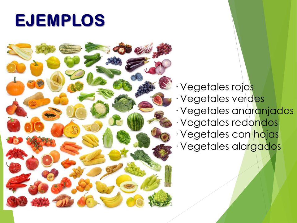 EJEMPLOS · Vegetales rojos · Vegetales verdes · Vegetales anaranjados
