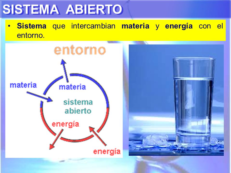 SISTEMA ABIERTO Sistema que intercambian materia y energía con el entorno.