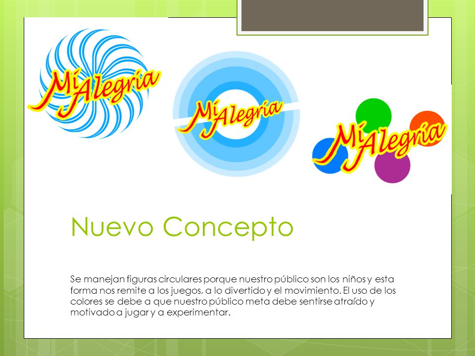 Nuevo Concepto Se manejan figuras circulares porque nuestro público son los niños y esta forma nos remite a los juegos, a lo divertido y el movimiento.