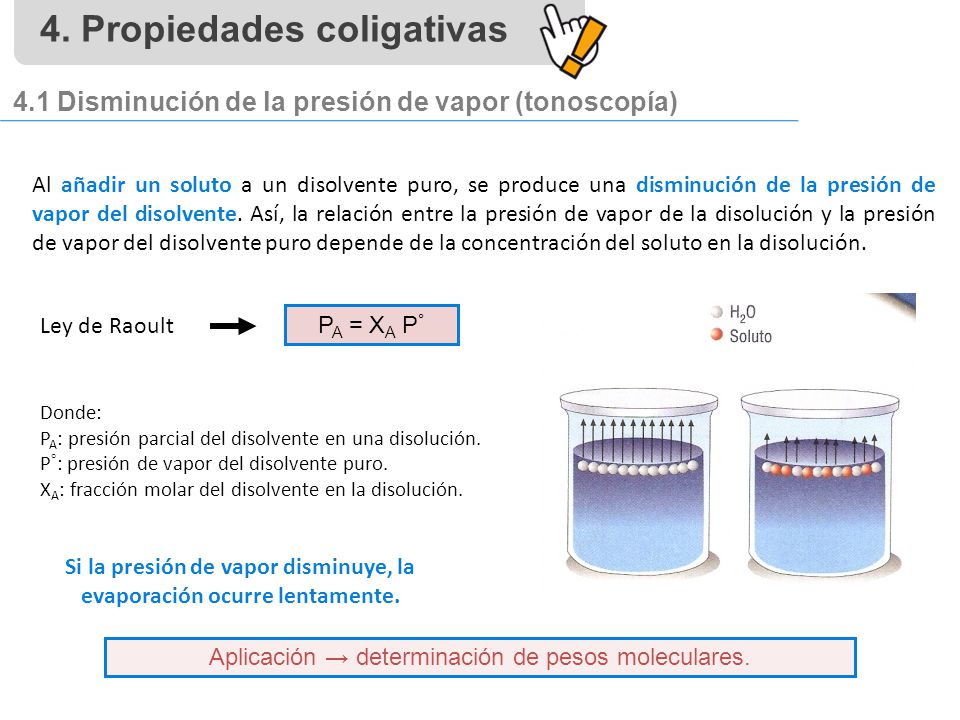 Si la presión de vapor disminuye, la evaporación ocurre lentamente.