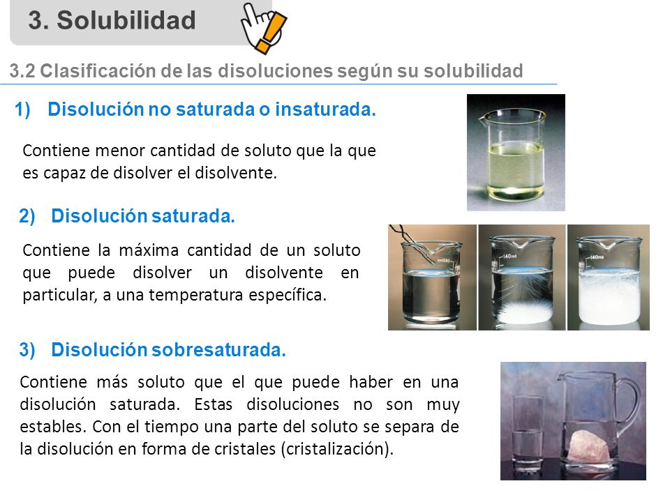 3. Solubilidad 3.2 Clasificación de las disoluciones según su solubilidad. Disolución no saturada o insaturada.
