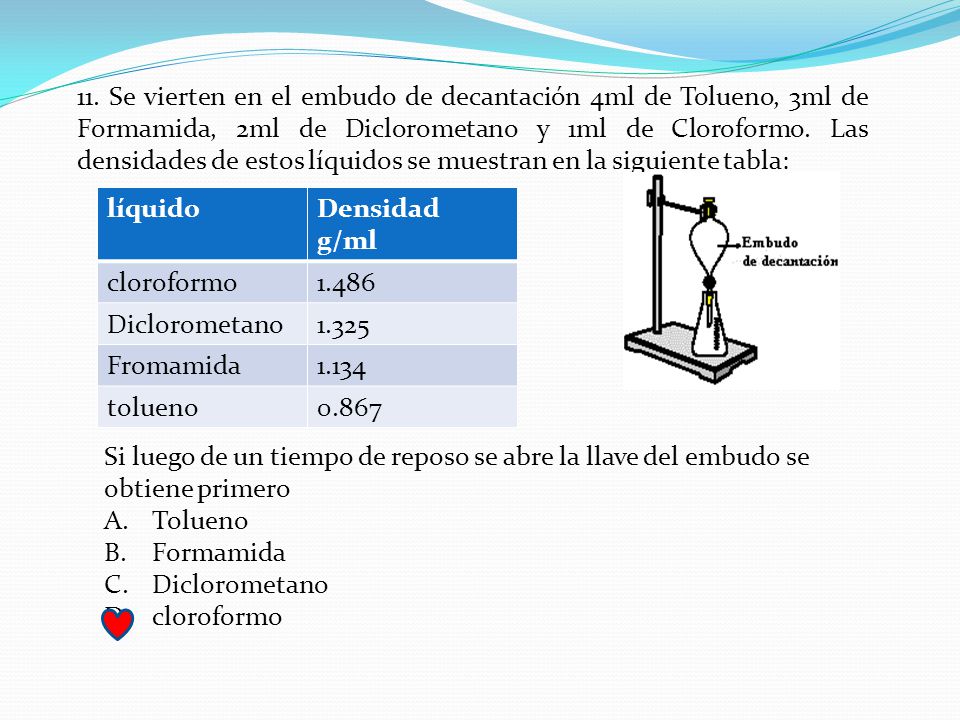 11. Se vierten en el embudo de decantación 4ml de Tolueno, 3ml de Formamida, 2ml de Diclorometano y 1ml de Cloroformo. Las densidades de estos líquidos se muestran en la siguiente tabla: