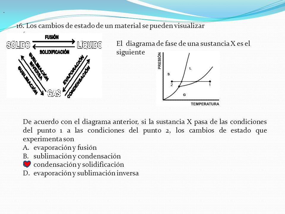 . 16. Los cambios de estado de un material se pueden visualizar así. El diagrama de fase de una sustancia X es el siguiente.