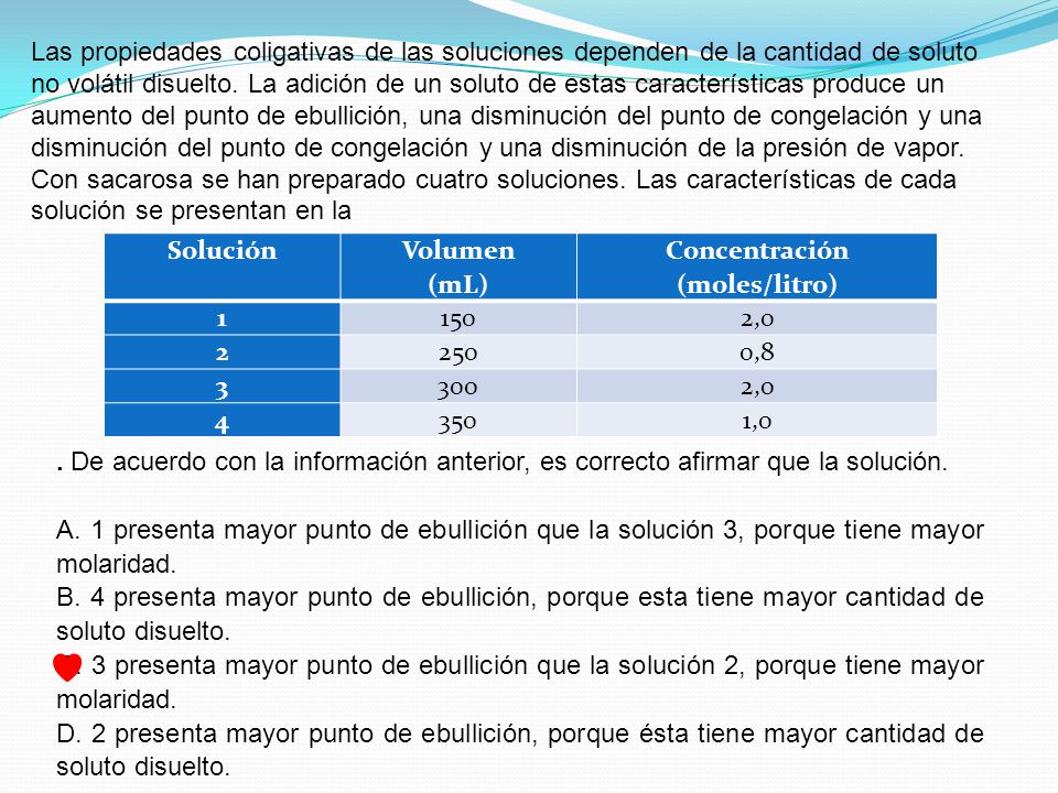 Las propiedades coligativas de las soluciones dependen de la cantidad de soluto no volátil disuelto. La adición de un soluto de estas características produce un aumento del punto de ebullición, una disminución del punto de congelación y una disminución del punto de congelación y una disminución de la presión de vapor. Con sacarosa se han preparado cuatro soluciones. Las características de cada solución se presentan en la
