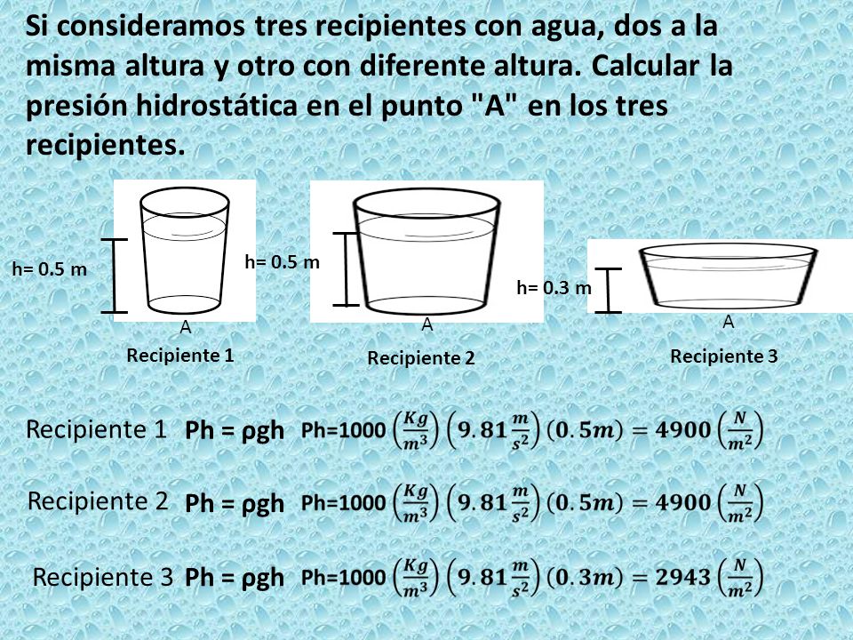 Si consideramos tres recipientes con agua, dos a la misma altura y otro con diferente altura. Calcular la presión hidrostática en el punto A en los tres recipientes.