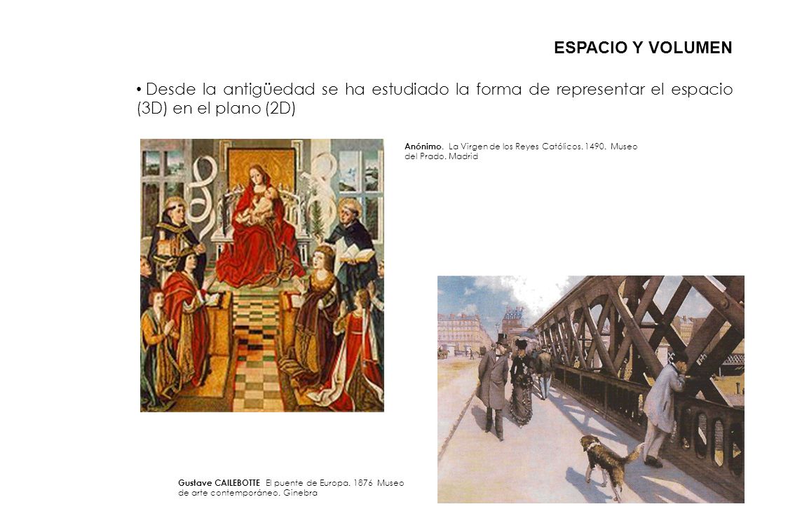 ESPACIO Y VOLUMEN Desde la antigüedad se ha estudiado la forma de representar el espacio (3D) en el plano (2D)