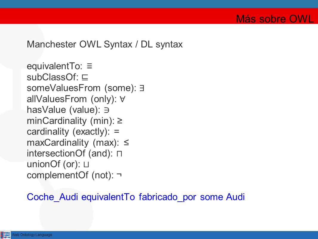 Más sobre OWL Manchester OWL Syntax / DL syntax equivalentTo: ≡