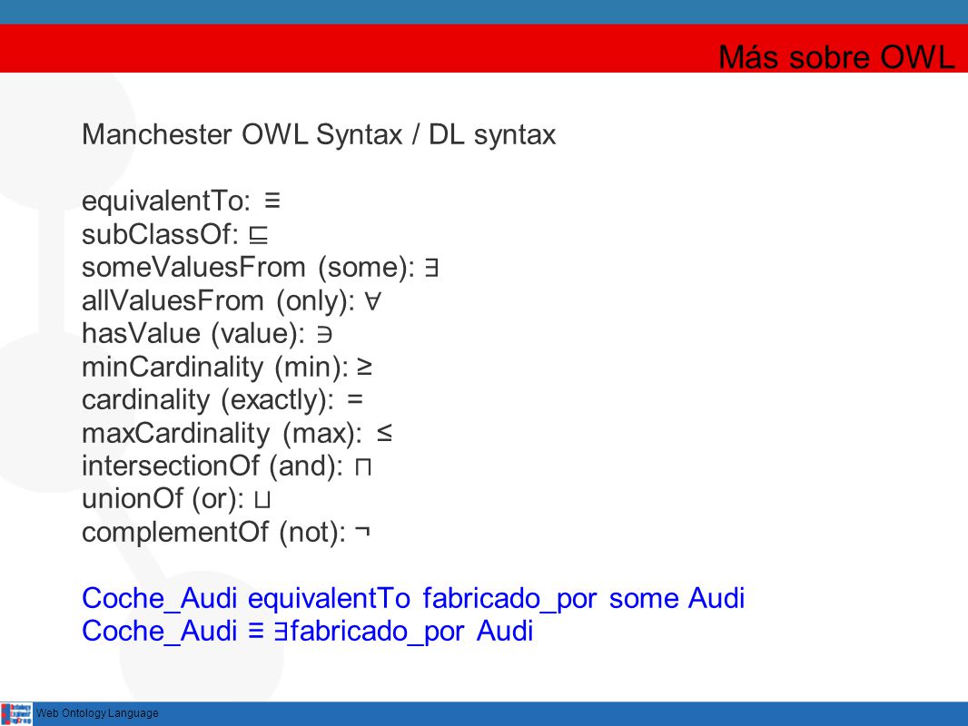 Más sobre OWL Manchester OWL Syntax / DL syntax equivalentTo: ≡