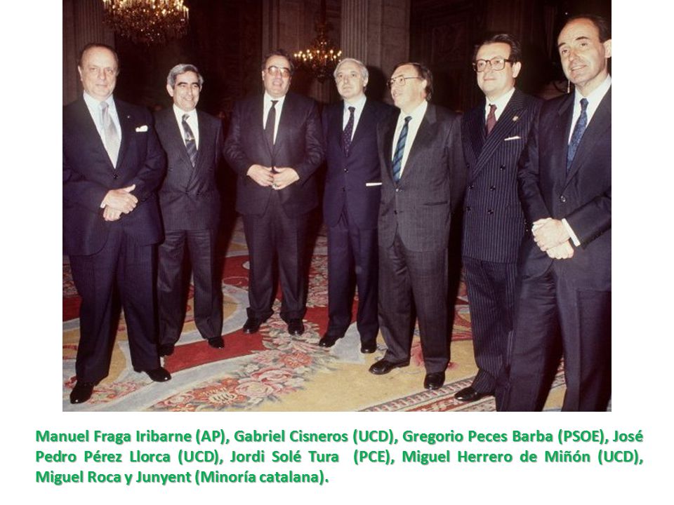 Manuel Fraga Iribarne (AP), Gabriel Cisneros (UCD), Gregorio Peces Barba (PSOE), José Pedro Pérez Llorca (UCD), Jordi Solé Tura (PCE), Miguel Herrero de Miñón (UCD), Miguel Roca y Junyent (Minoría catalana).