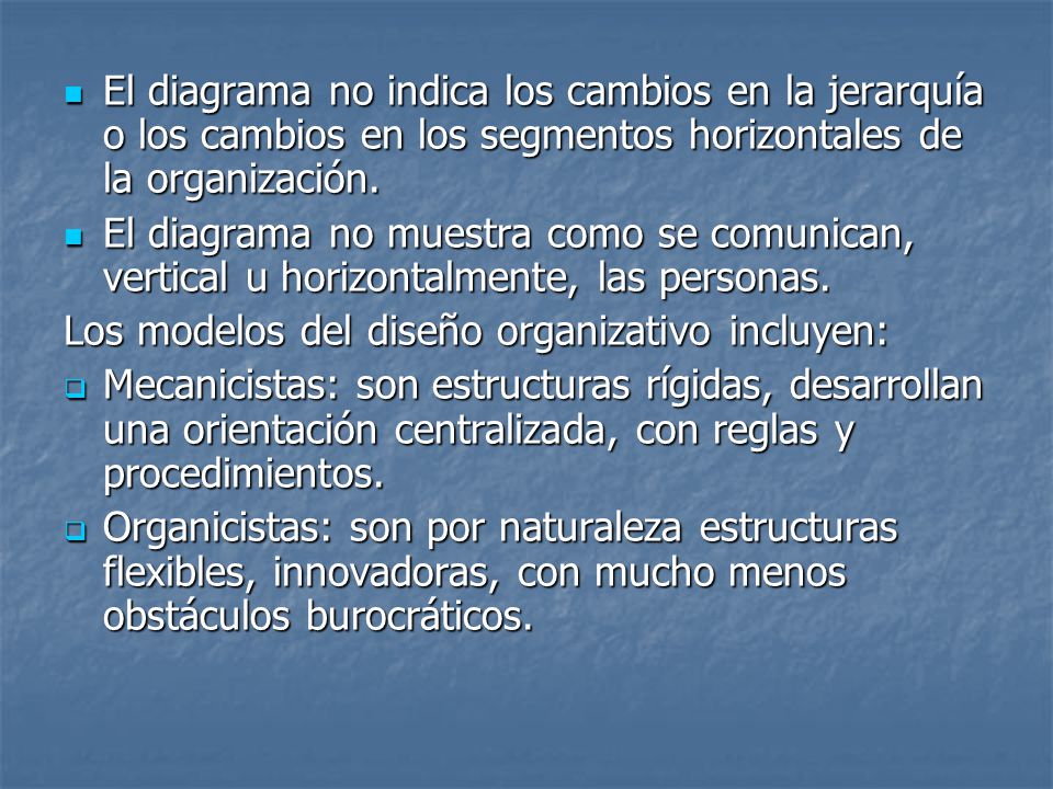 El diagrama no indica los cambios en la jerarquía o los cambios en los segmentos horizontales de la organización.
